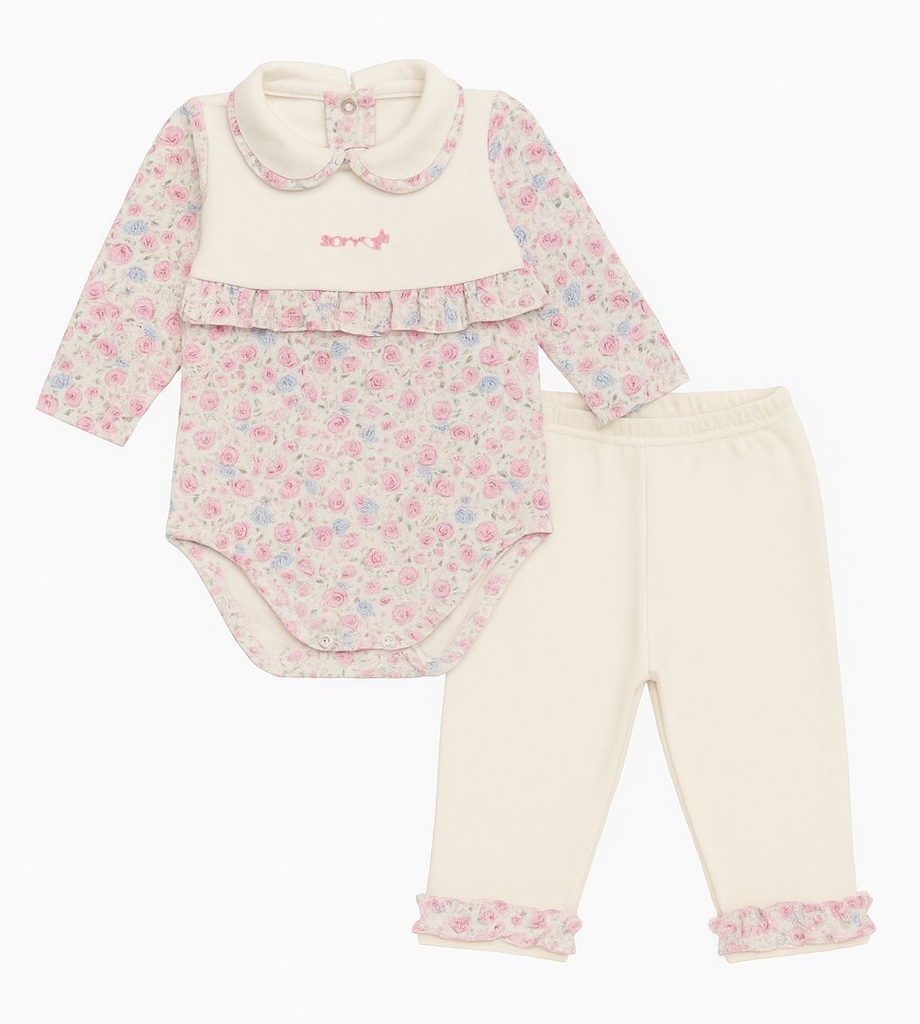 Conjunto Algodon Body Manga Larga y Pantalon Sin Pie Floreado