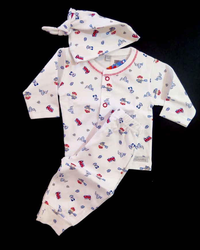 Conjunto Algodon Batita Manga Larga Con Pantalon Sin Pie y Gorrito Estampado