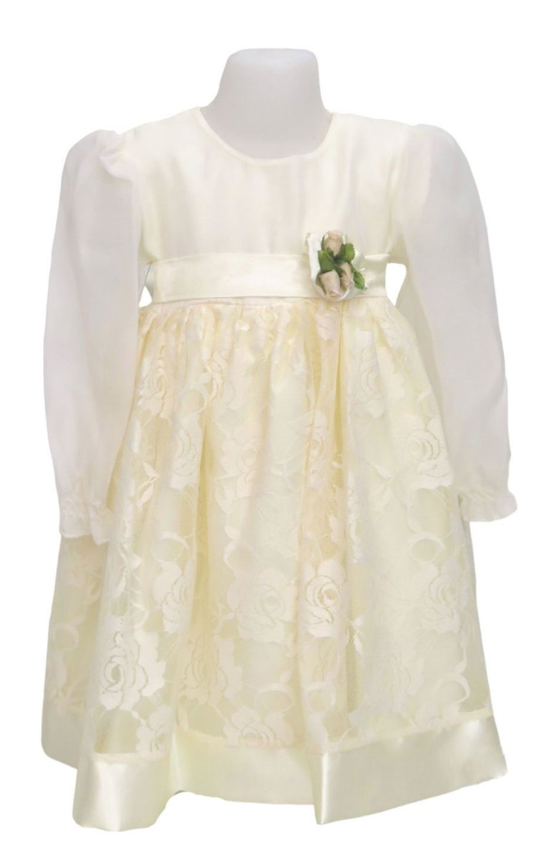 Vestido Manga Larga Con Encaje y Aplique de Flor de Bautismo