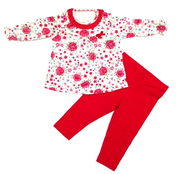 Conjunto de Algodon de Remera Manga Larga Floreada Con Pantalon Sin Pie Liso