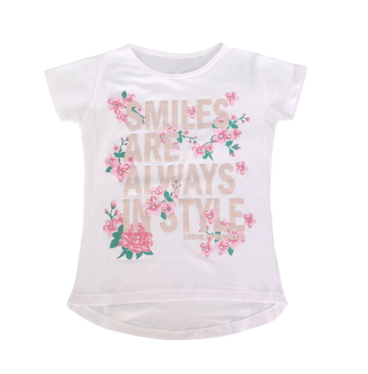 Remera Manga Corta Estampado Smiles Are Always con Glitter y Tachas