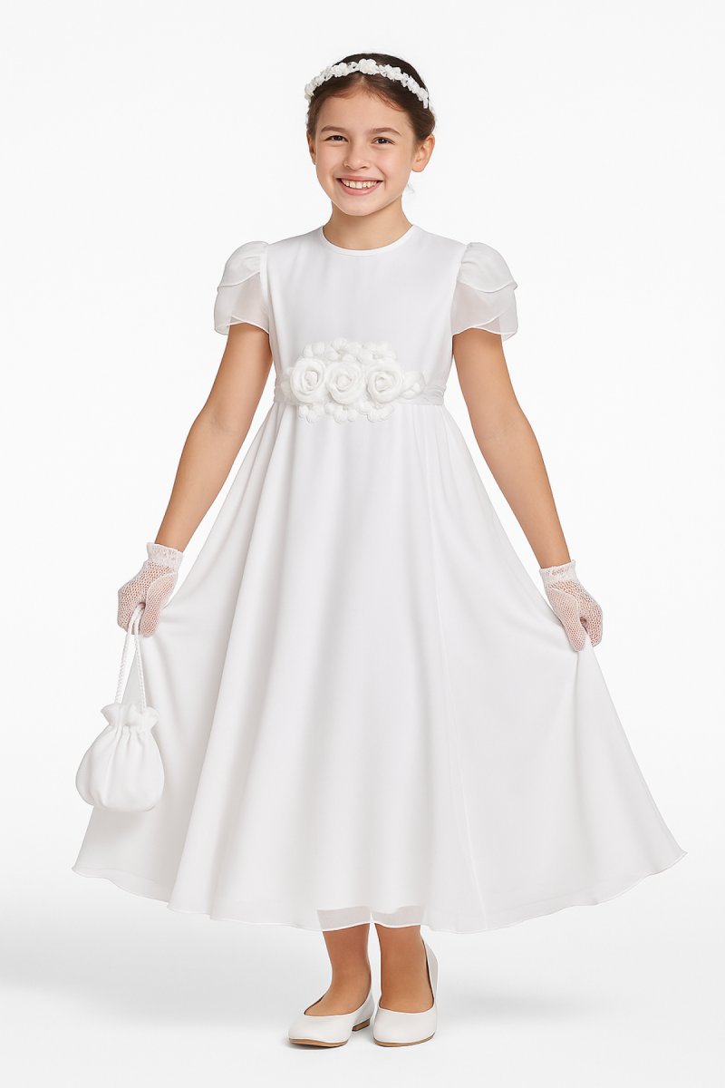 Vestido Comunion corte princesa faja organza buquet de rosas sin capa