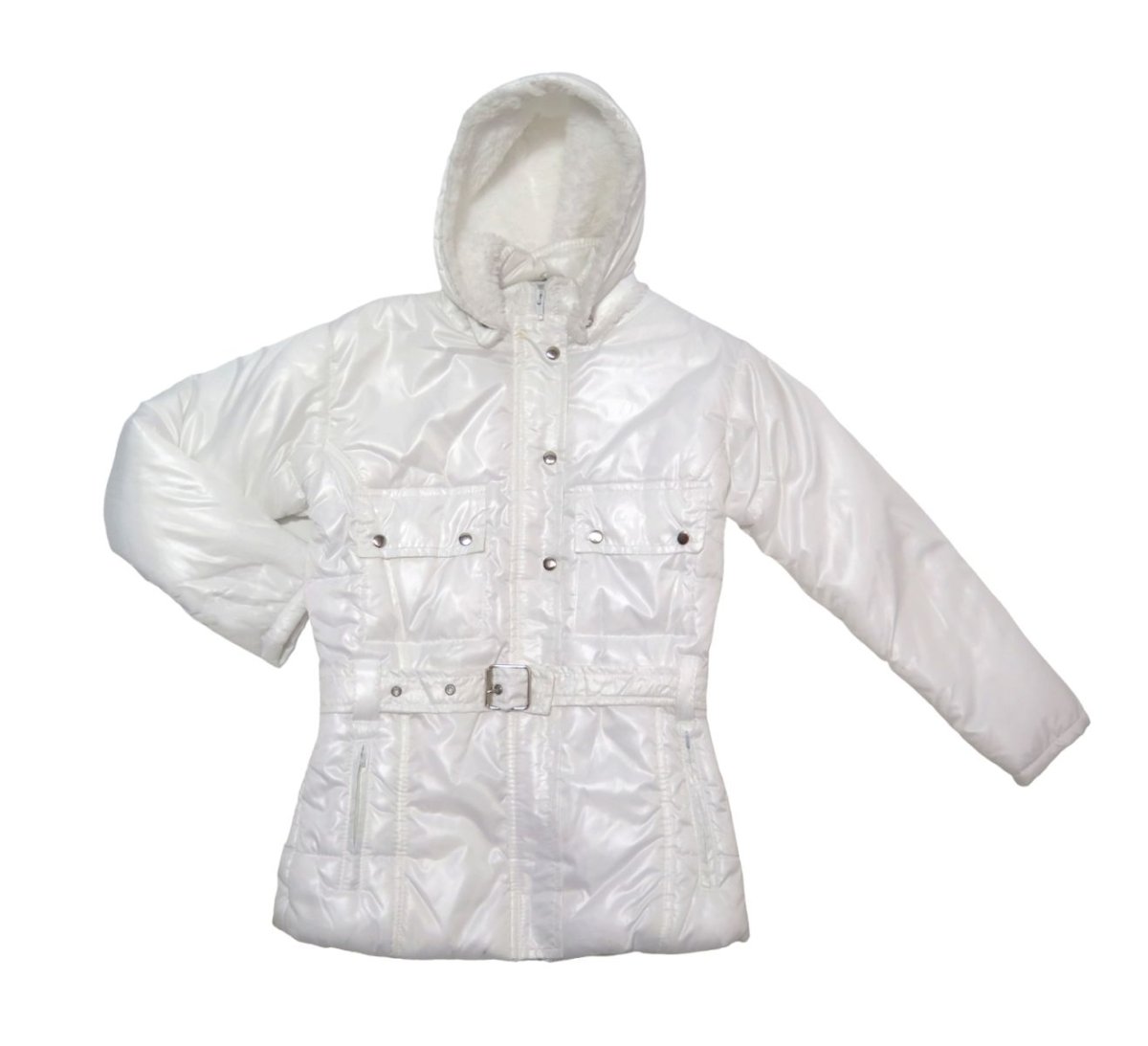 Campera de Microfibra con Wata y Capucha con Piel Desmontable Cinturon con Hebilla