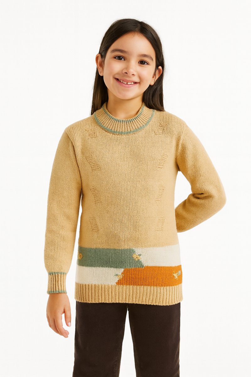 Pullover Sweater Tejido con Rayas y Flor Bordado