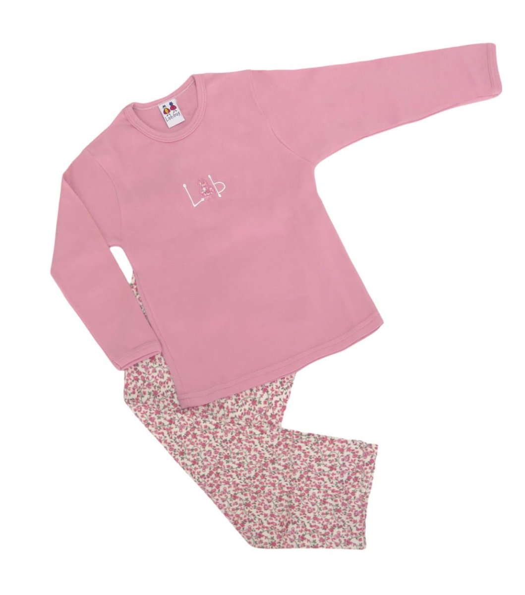 Pijama Invierno Remera Manga Larga Bordada y Pantalon Floreada