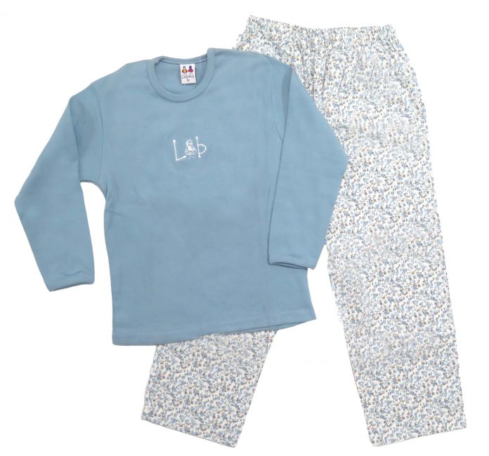 Pijama Invierno Remera Manga Larga Bordada y Pantalon Floreada