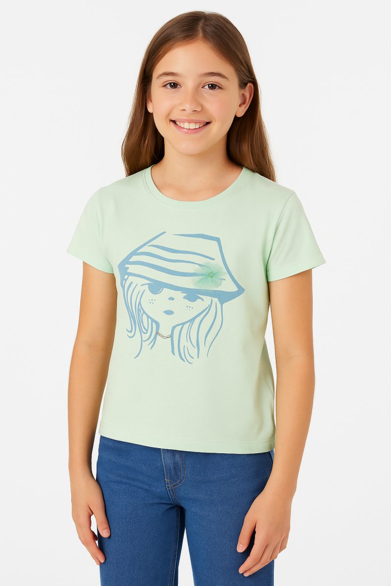 Remera Manga Corta con Estampado Nena y Aplique de Canutillos