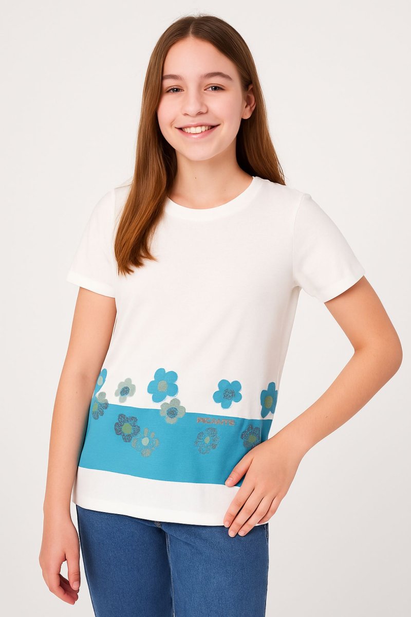 Remera Manga Corta Estampado Flores y Vaquita de San Antonio con Glitter