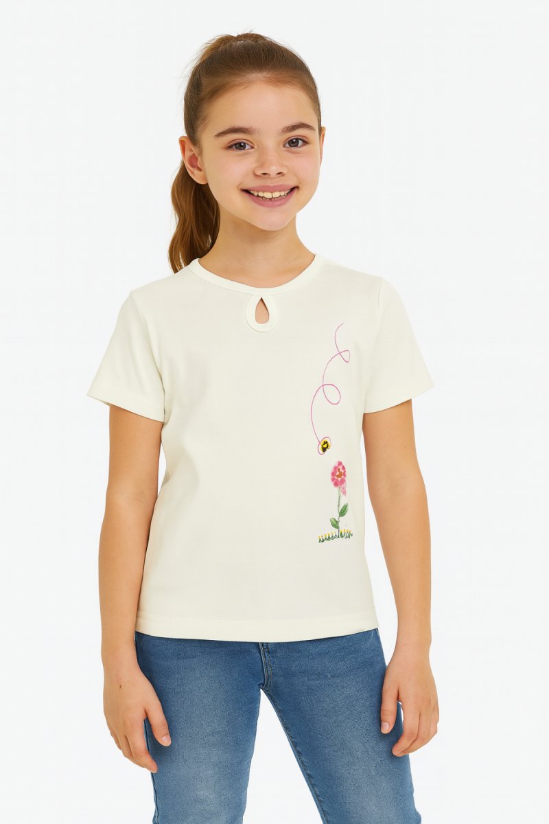 Remera Manga Corta Flor y Abeja Bordada