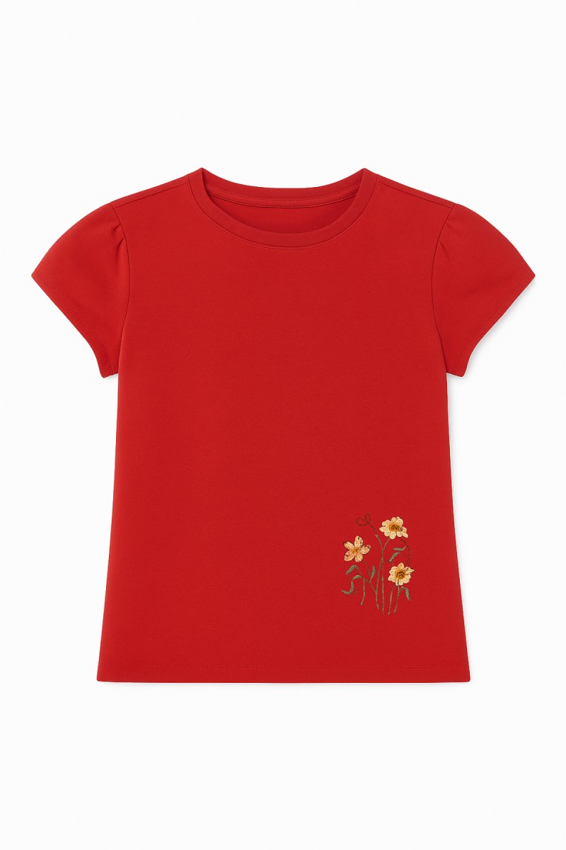 Remera Manga Corta Algodon Flores Bordadas