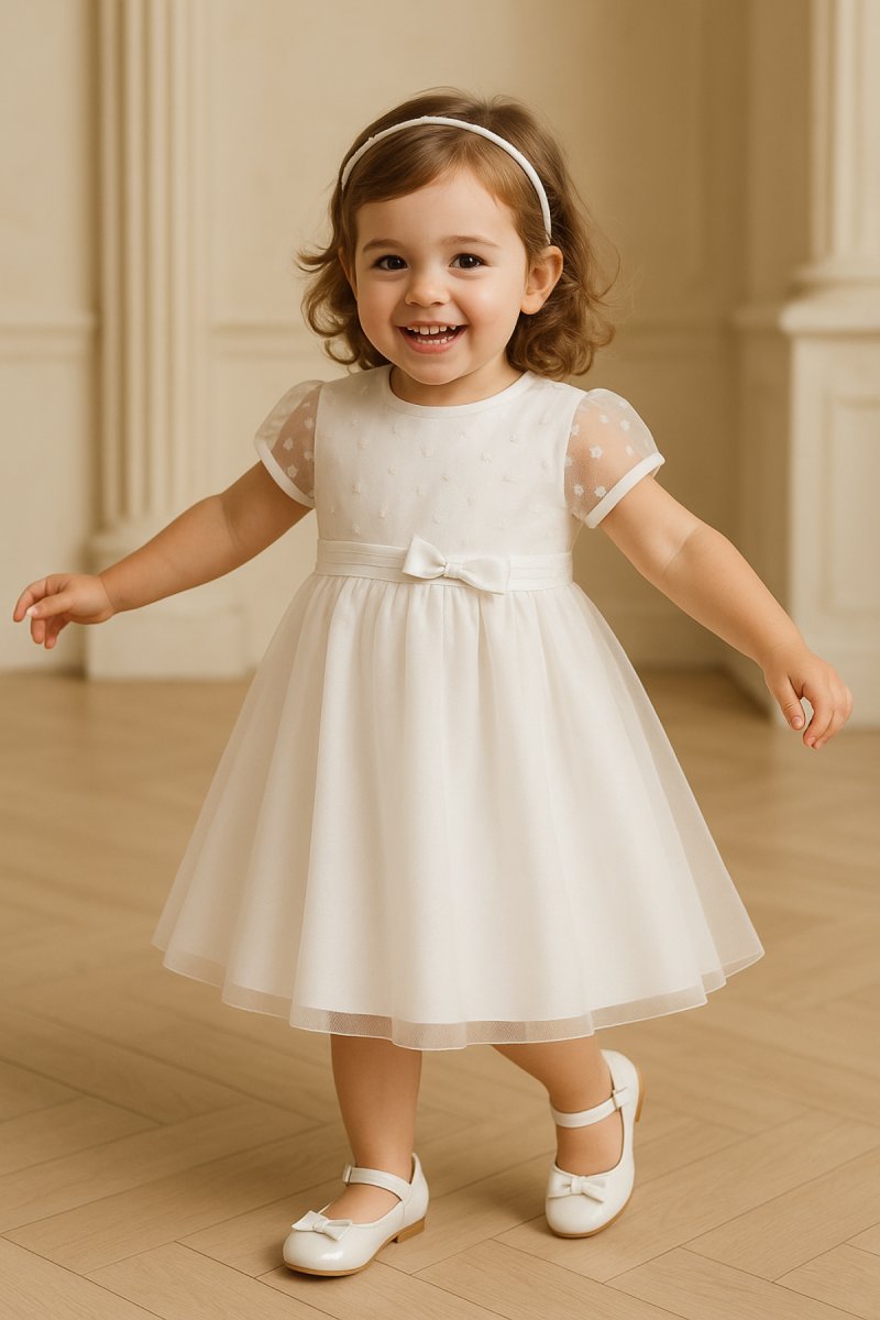 Vestido de Bautismo Tul Bordado manga corta con lazo