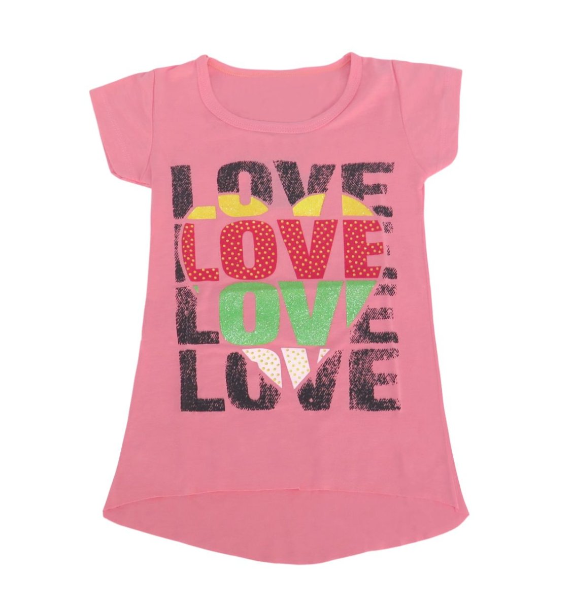 Remera Larga Manga Corta Estampado Lova Fluo con Glitter