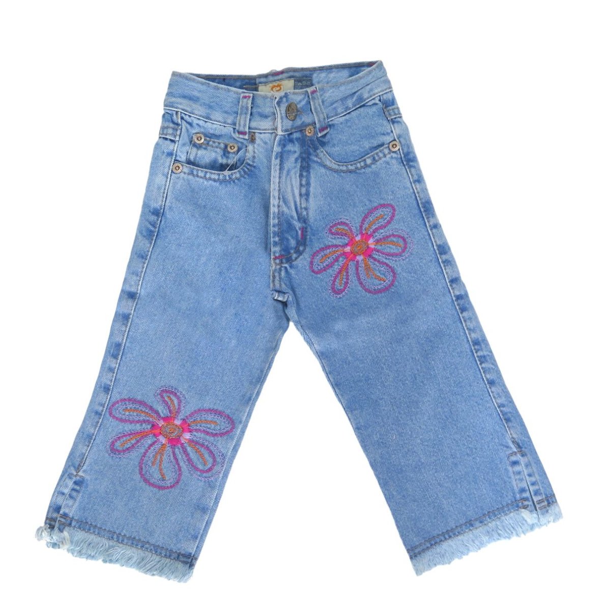 Pescadora de Jean con Flores Bordadas y Ruedo Deshilachado