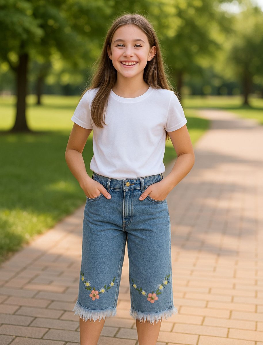 Pescadora de Jean con Flores Bordadas y Ruedos Deshilachados