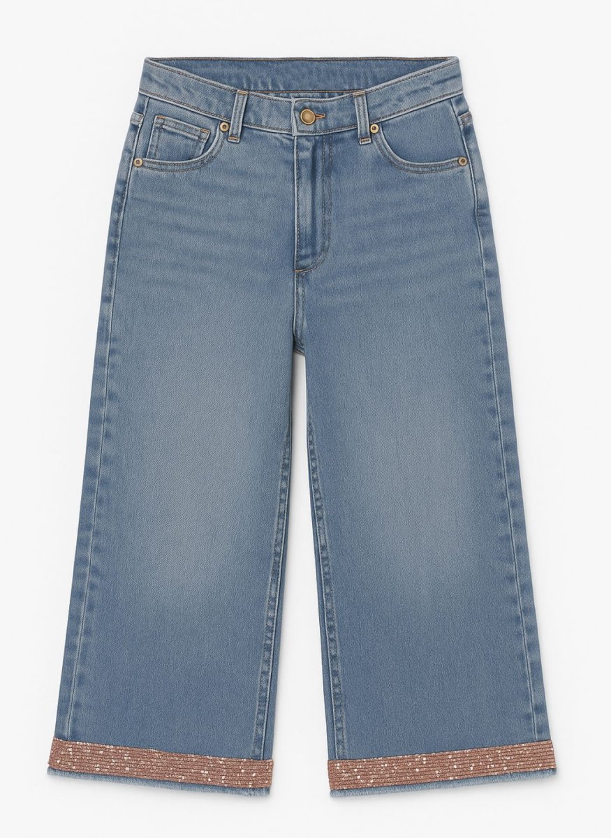 Pescadora de Jean con Aplique de Tela Brillante