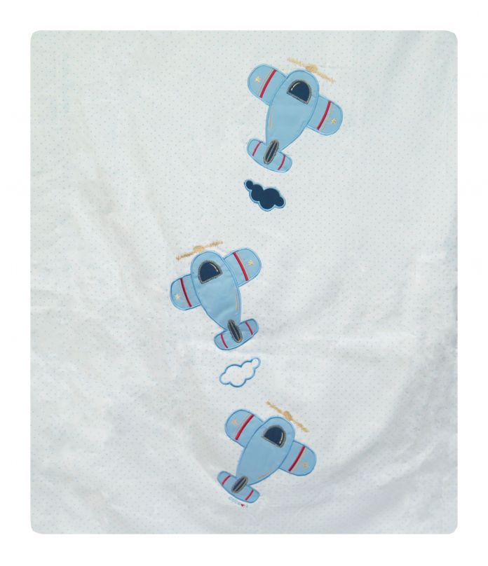 Acolchado 1 una Plaza Reversible Estampado Lunares y Aviones Bordados