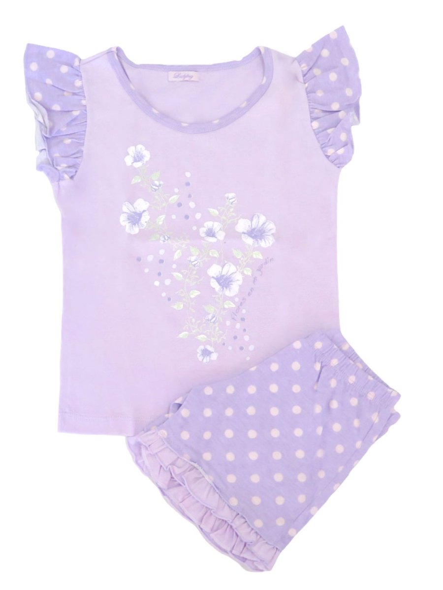 Pijama Verano Remera Manga Japonesa Estampado Flores con Short de Lunares