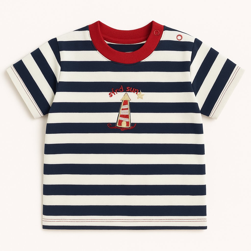 Remera Manga Corta Rayado Bordado Faro