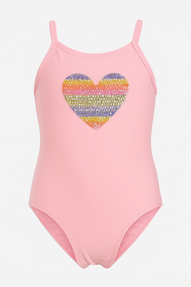 Malla Entera Lisa con Corazon de Lentejuelas Bordadas Forrada