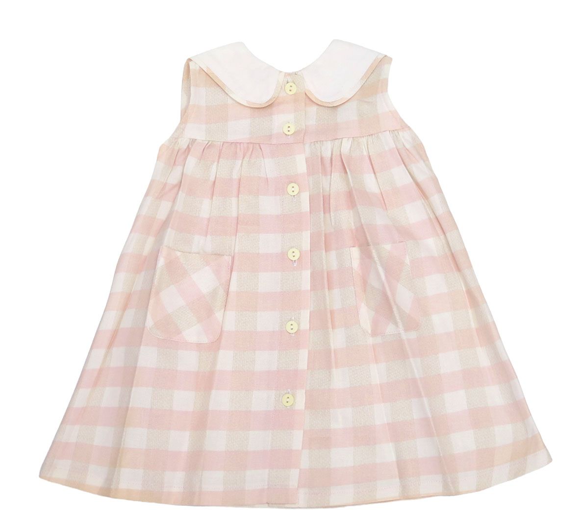 Vestido lino a cuadrille con cuello baby y botones  y bolsillos al frente sin manga