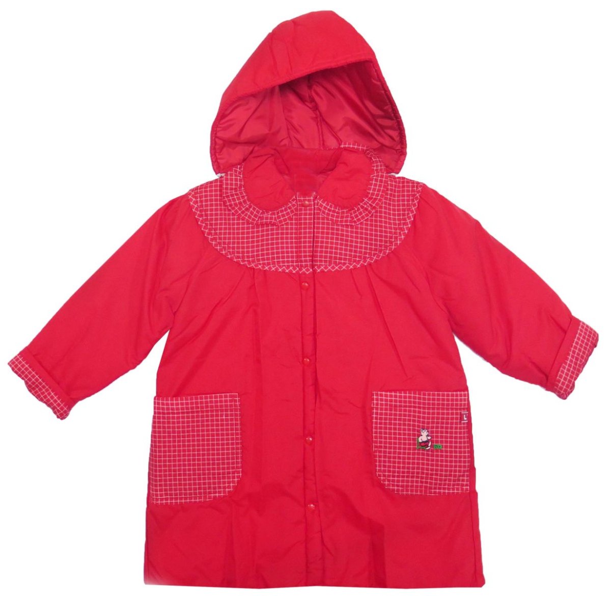 Tapado de Nylon con Cuello Redondo y Detalles Escoces y Oso Bordado