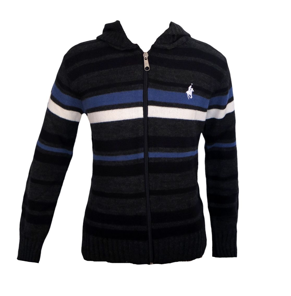 Campera tejida de lana rayada con capucha con cierre