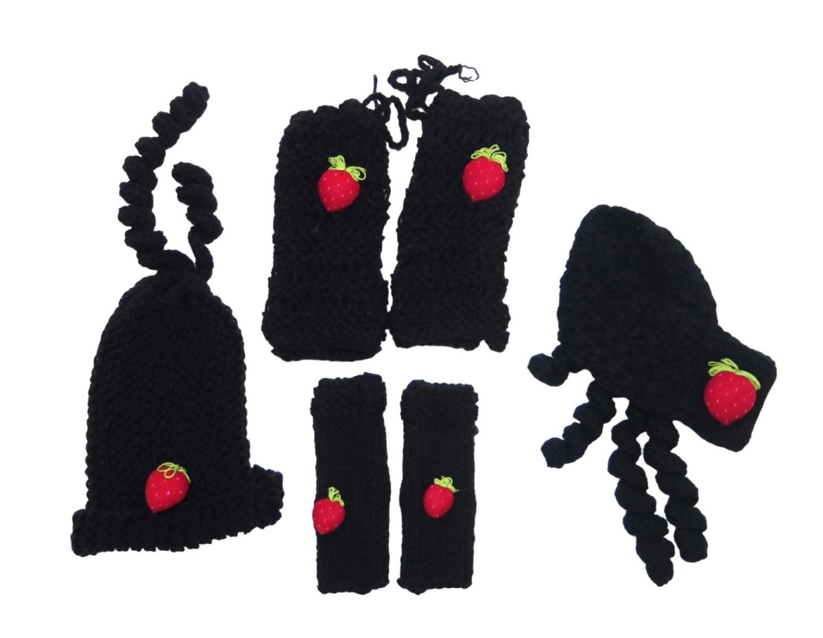 Conjunto Tejido con Aplique de Frutilla 4 Pz Bufanda - Polaina - Gorro - Guantes