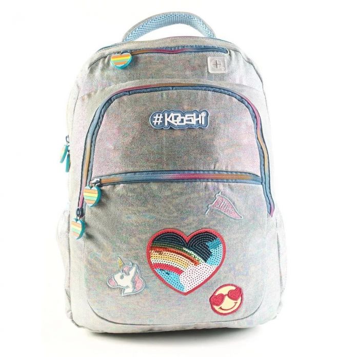 Mochila Espalda Kooshi 17" - 42 cm.- Unicornio + Corazon con Lentejuelas + Emoji