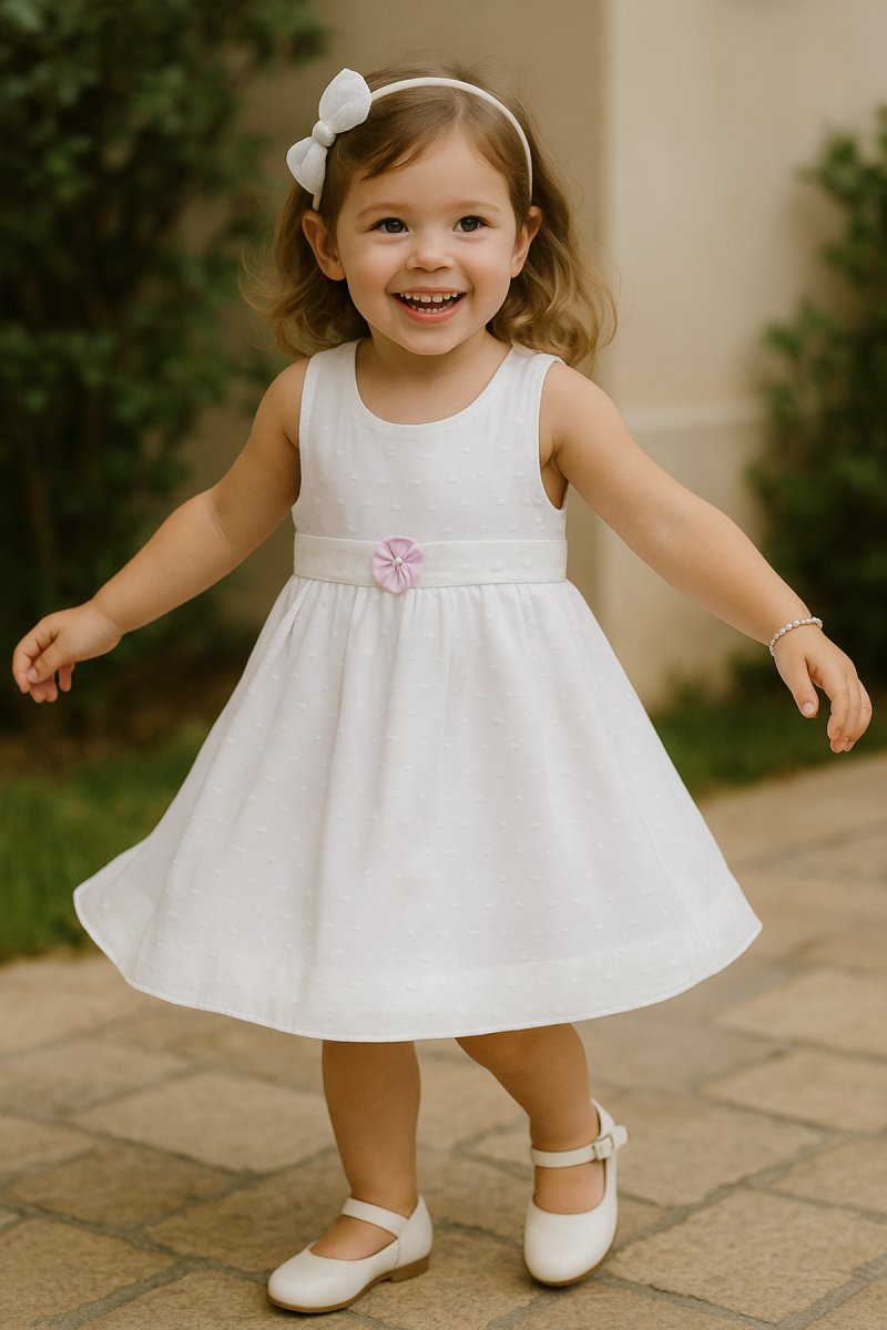 Vestido Nena Plumeti Con Flor Rosa Y Bombacha