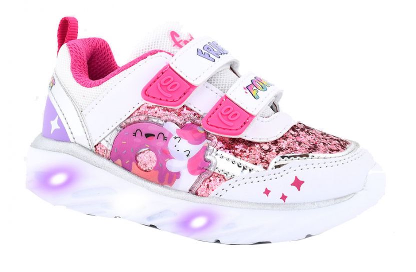 Zapatilla Con Glitter Unicornio y Dona - Doble Velcro - Luz Al Pisar y Boton On/OFF