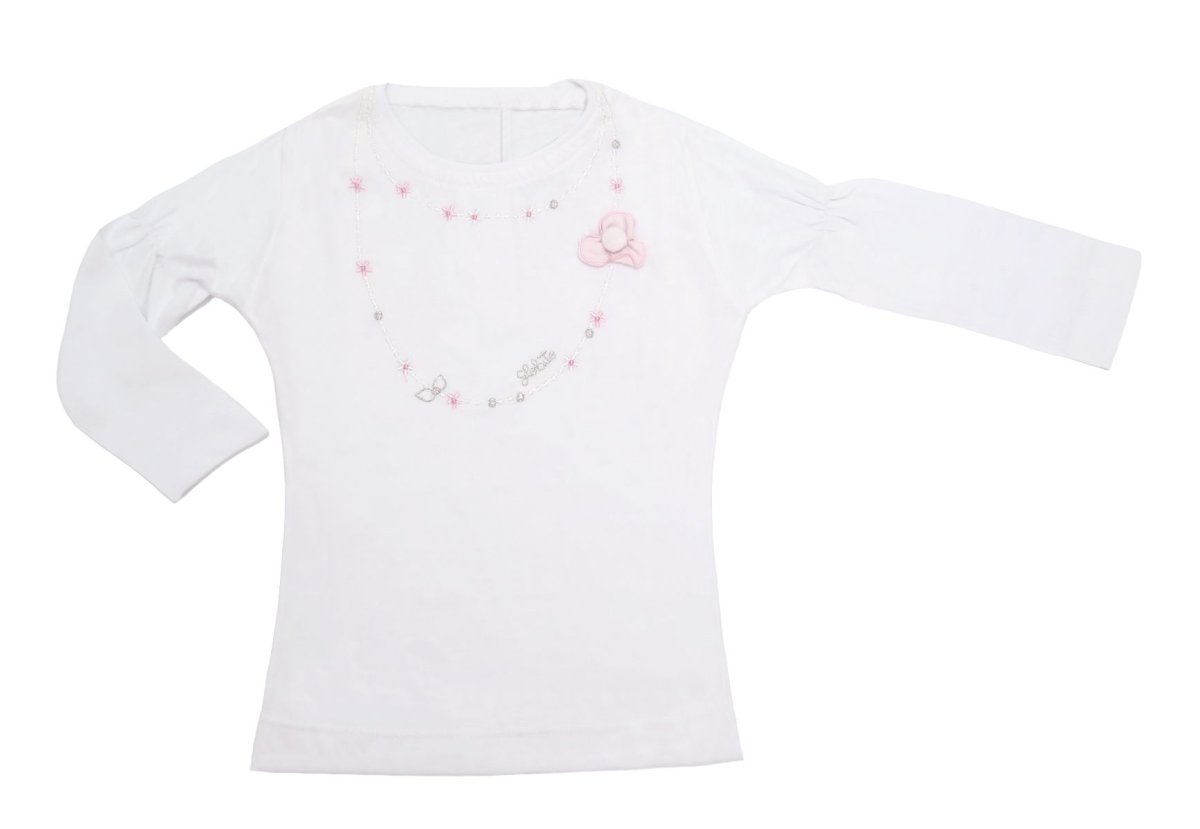 Remera manga larga bordada brillos y con aplique de flor