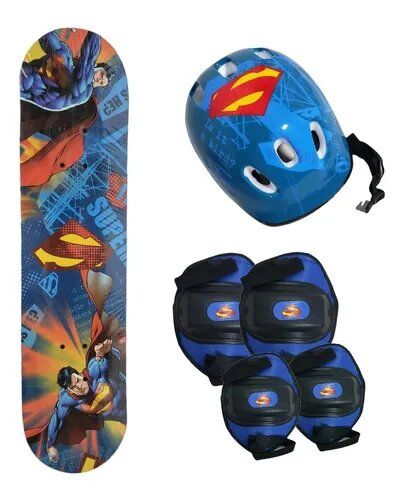 Skate DC Superman Con Kit De Proteccion - Rodilleras, Coderas, Casco Y Bolso Para Transportar