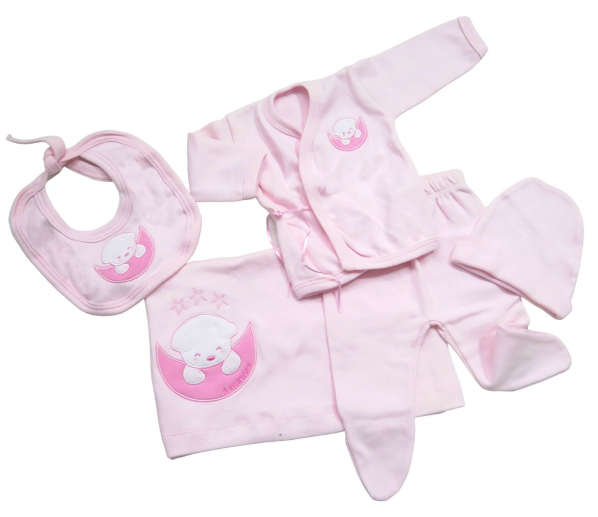 Set de 5 piezas algodon (mantita, 1/2 osito, batita gorro, babero)