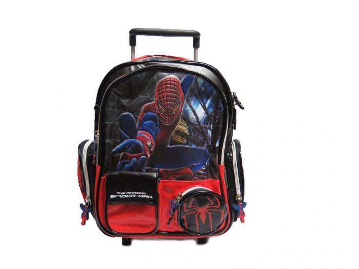 Mochila SpiderMan con carro bolsillo frontal cuadrado y otro redondo y 2 bolsillos laterales cabeza de SM con relieve