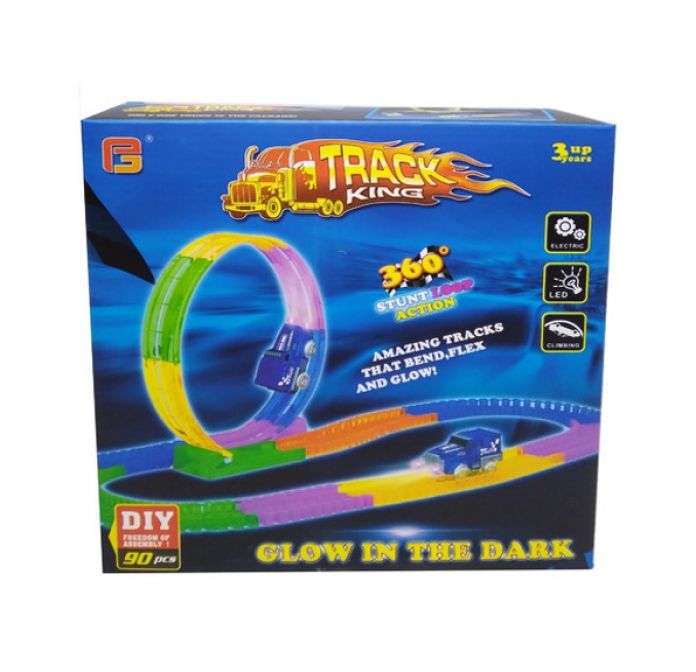 Track King - Pista Moldeable Flexible - Vuelta 360 -  Brilla en la Oscuridad - Inluye Un Auto - 90 Piezas