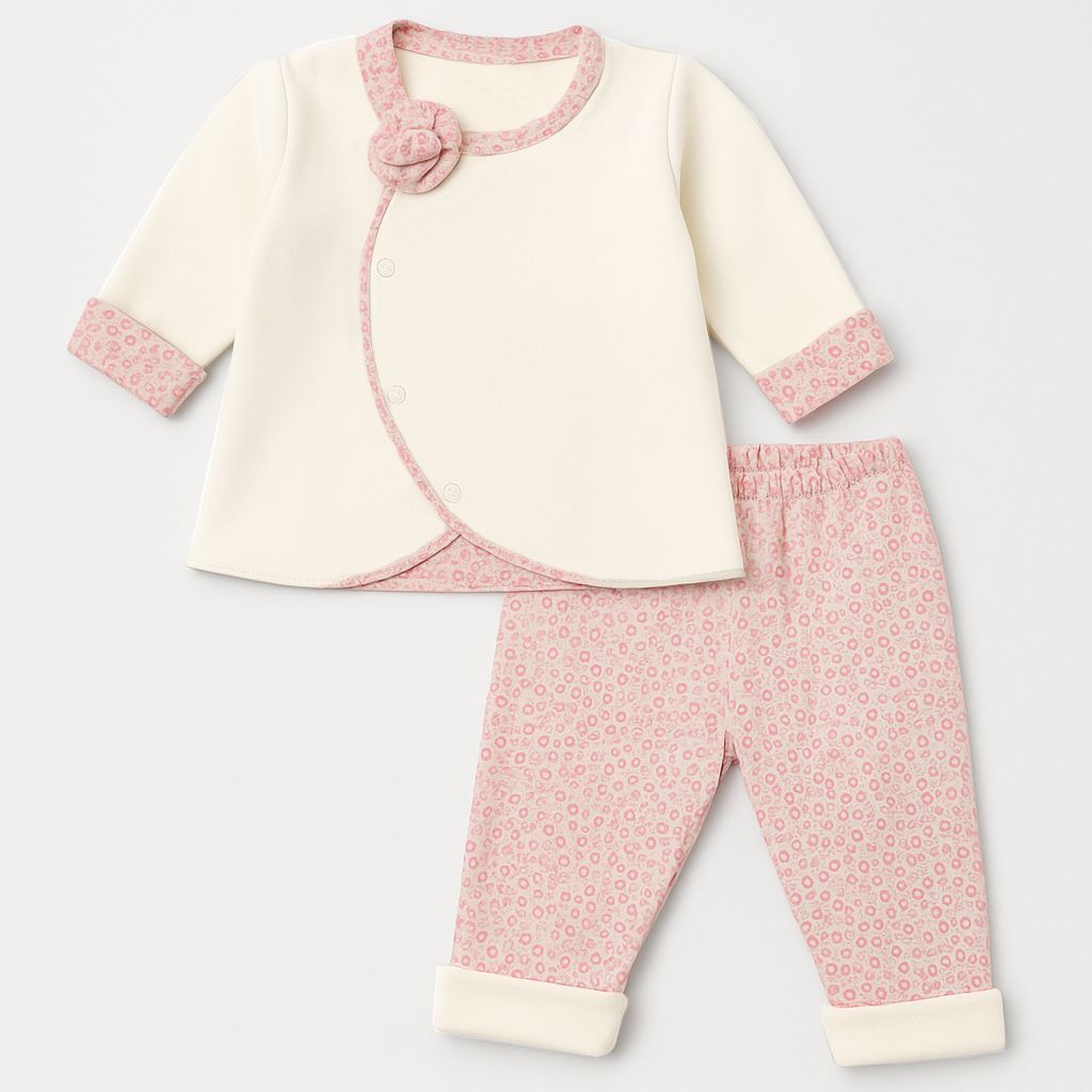 Conjunto Algodon Reversible Campera y Pantalon Sin Pie Estampado de Corazones o Flores