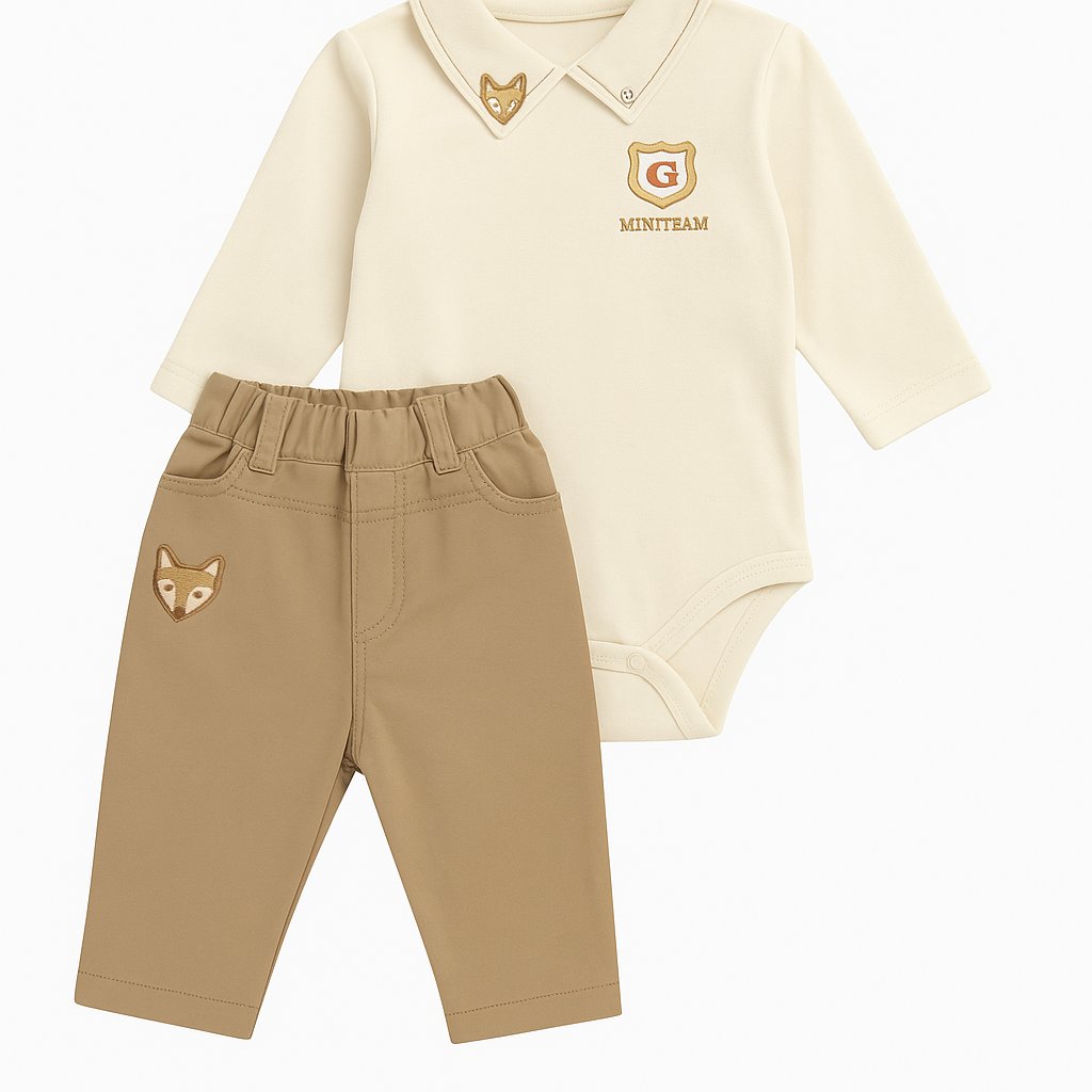 Conjunto Algodon Body Manga Larga y Pantalon De Gabardina Bordado de Zorrito