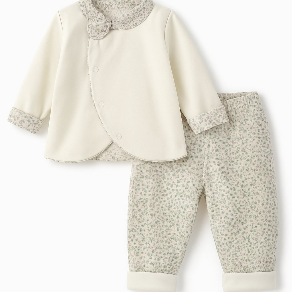 Conjunto Algodon Reversible Campera y Pantalon Sin Pie Estampado de Corazones o Flores