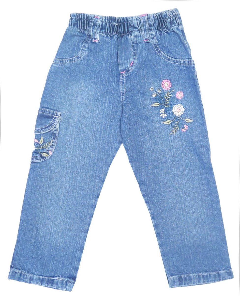 Pantalon jean nena cintura elastizada y flores bordadas