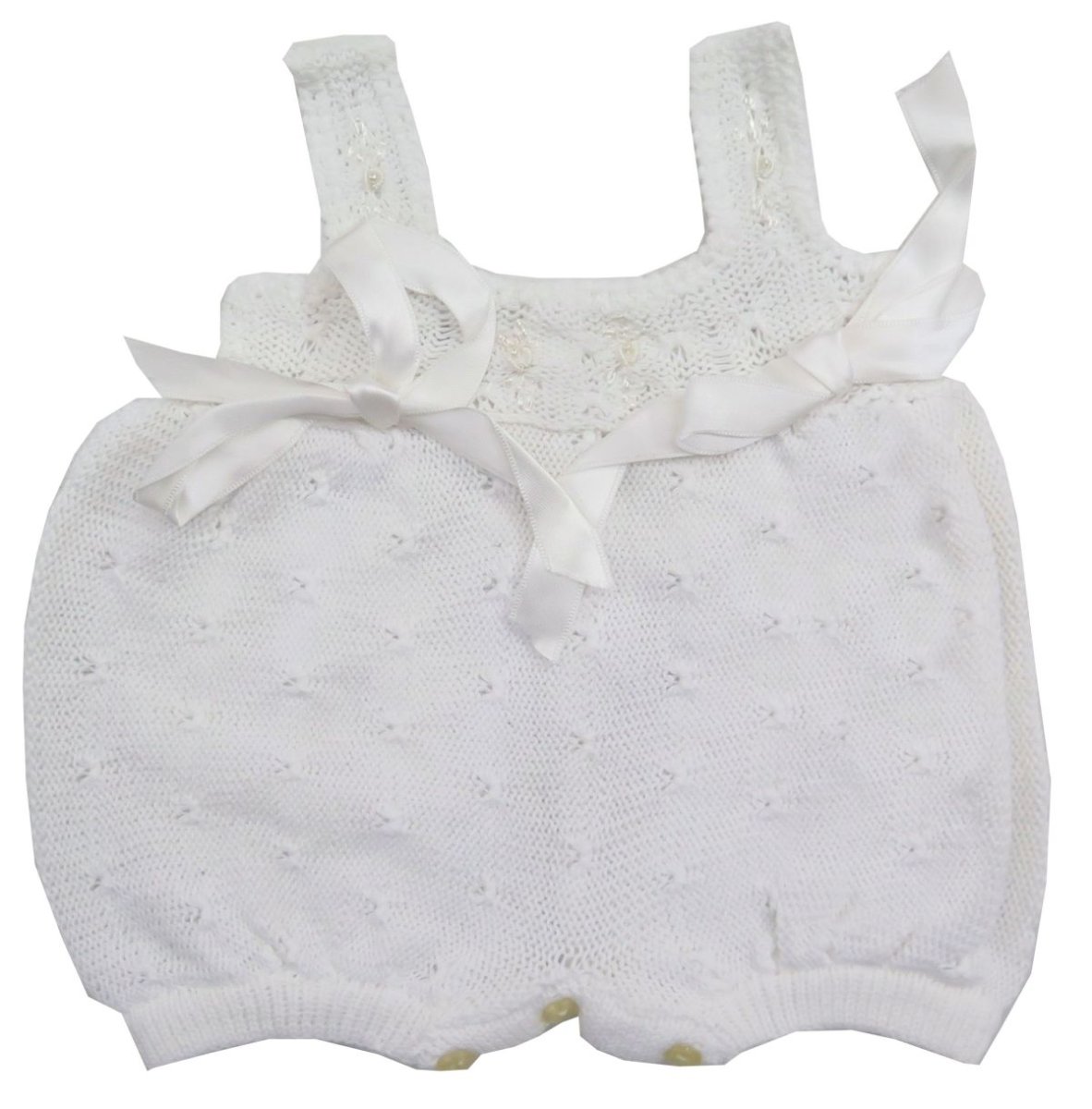 Enterito blanco sin mangas de hilo con moño y bordado