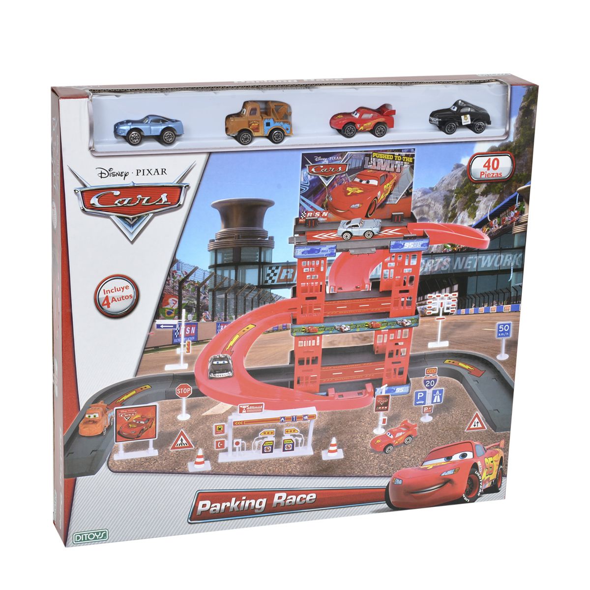 Cars Estacion De Servicio Parking Garage - Parking Race - Incluye 4 Autos - 40 Piezas