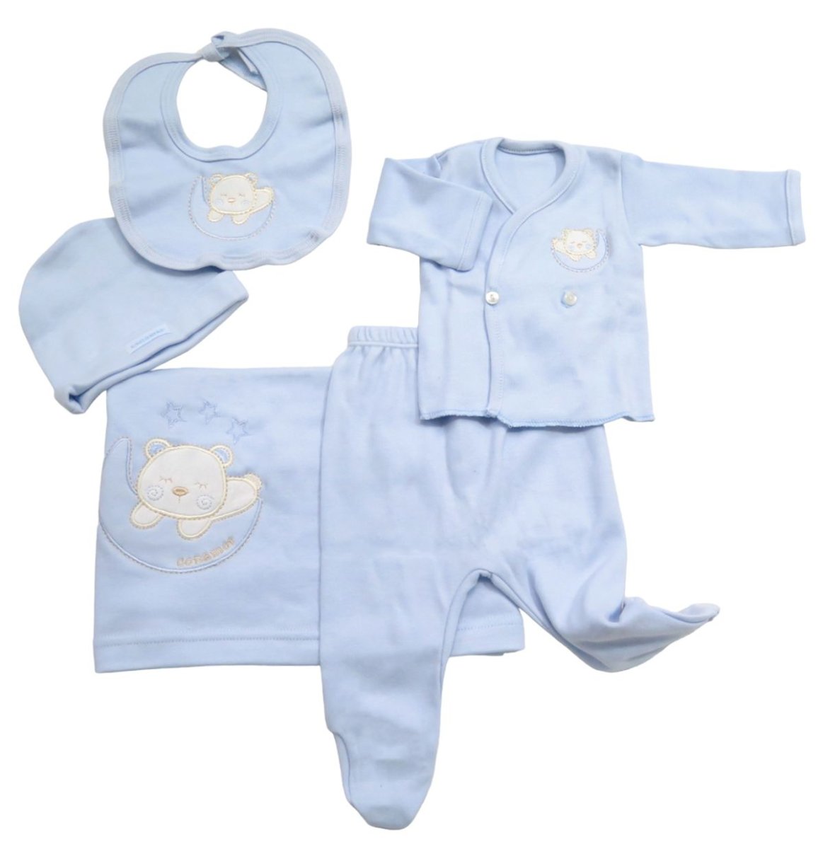 Set de 5 piezas algodon (mantita, 1/2 osito, batita gorro, babero)