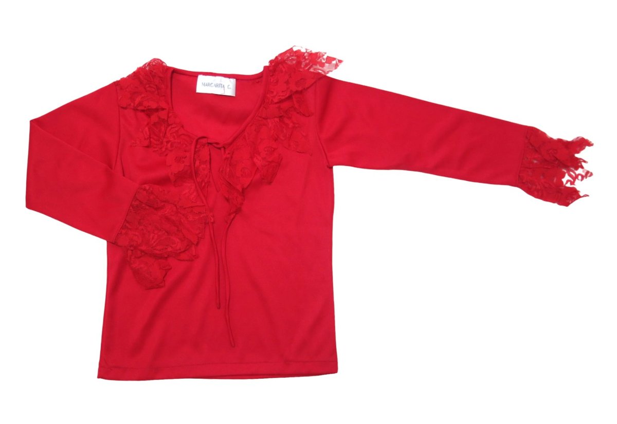 Remera chuchi con volados en encaje en mangas y cuello