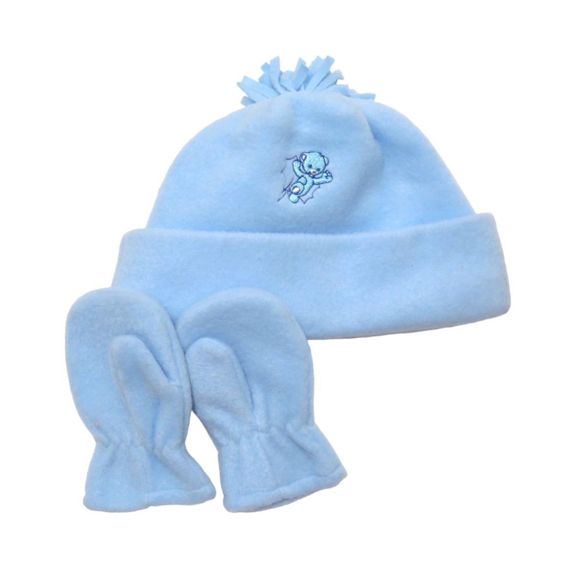 Conjunto de Gorro y Mitones de Polar con Flecos con bordado de osito
