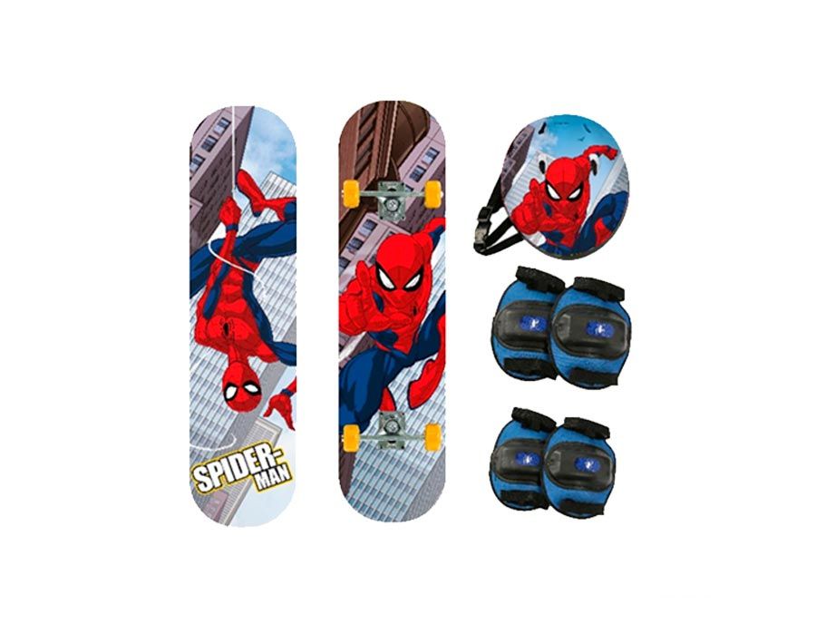 Skate Spiderman Hombre Araña Con Kit De Proteccion - Rodilleras, Coderas, Casco Y Bolso Para Transportar