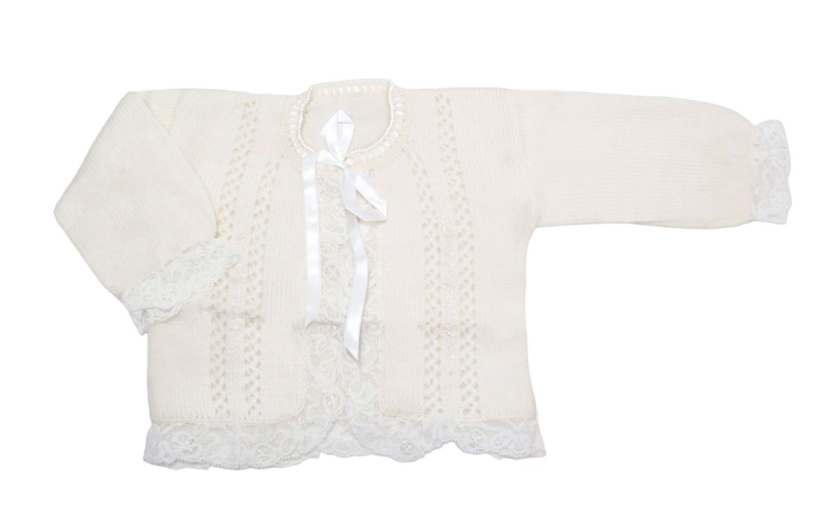 Saco Saquito Tejido de cashmilon con puntilla y moño en cinta