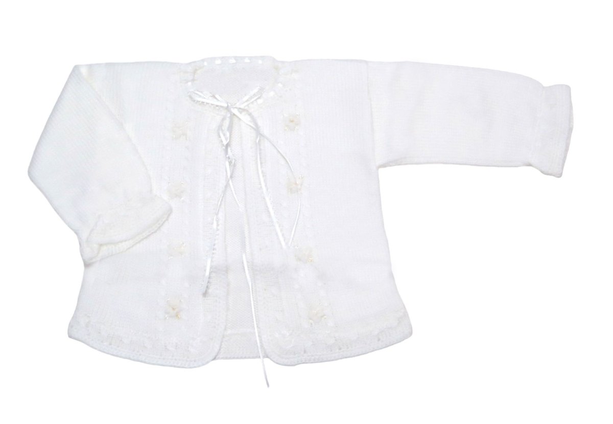 Saco Saquito Tejido de cashmilon con Flores bordadas y moño en cinta