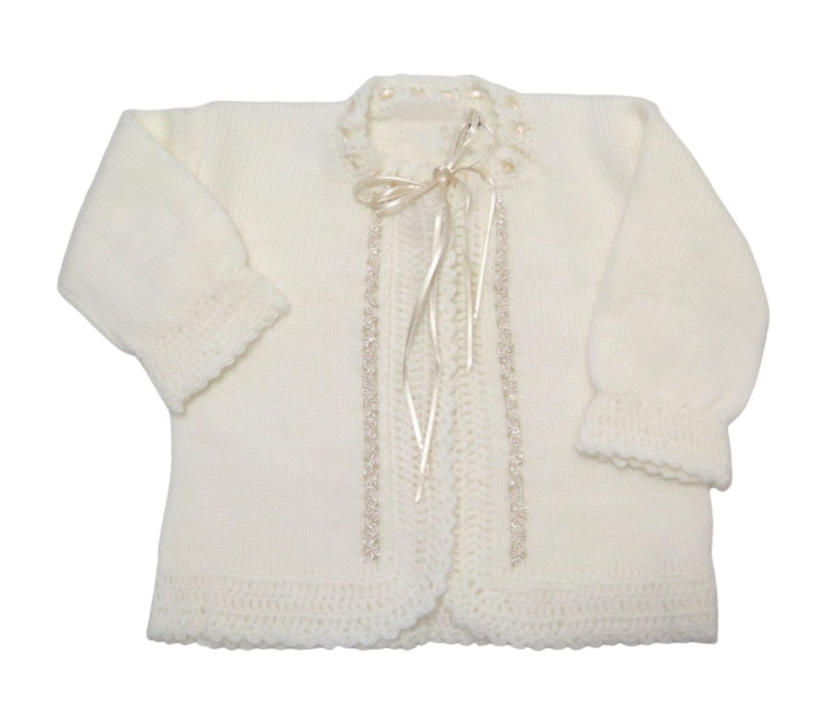 Saco Saquito Tejido de cashmilon moño en cinta y detalle en flores