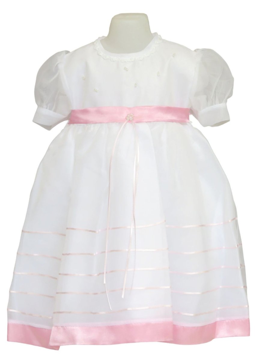Vestido Bautismo manga corta en gasa con faja y borde de falda en razo