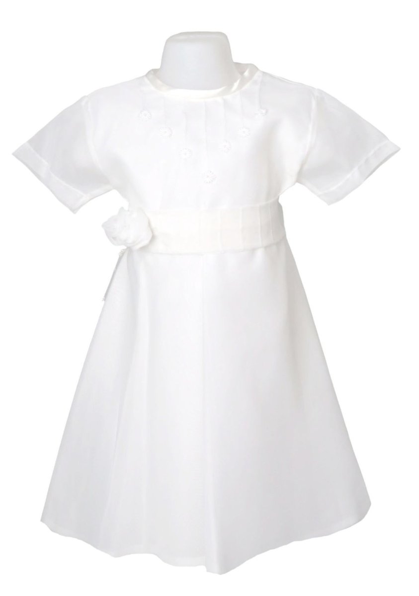 Vestido bautismo de gasa con alforza flores y cintra con flores Manga corta